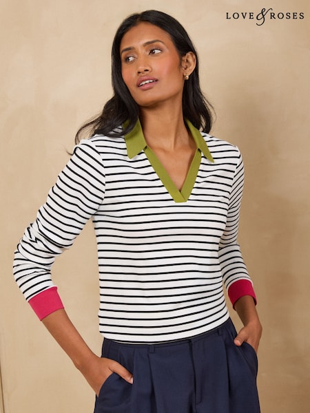 White Stripe - Love & Roses Ribbed Long Sleeve Collared Top