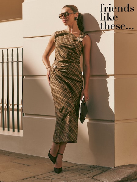Green - Friends Like These Checked Wrapover Trim Detail Midi Skirt