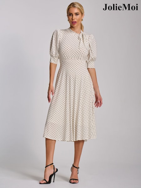 Jolie Moi White Tie Neck Puffy Sleeve Jersey Midi Dress (Y47493) | £72