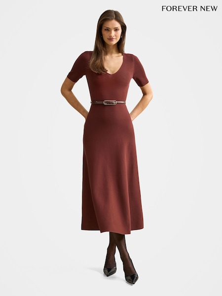 Forever New Brown Celia Short Sleeves Midi Dress (Y47678) | £115