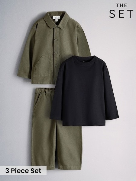 Green/Black - The Set 3 Piece Set Twill Shacket And Trousers With T-shirt