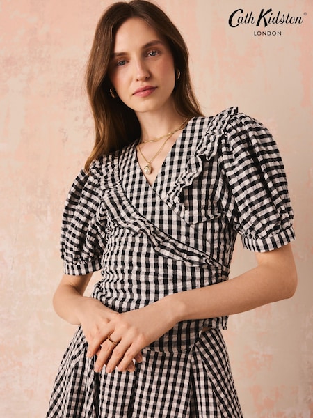 Monochrome Gingham Check - Cath Kidston Puff Sleeve Wrap Blouse