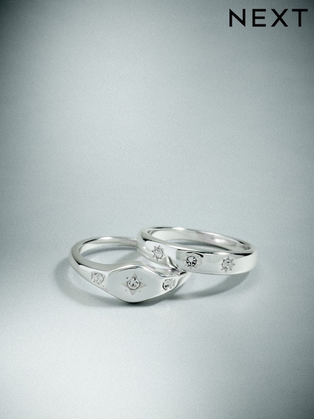 Silver Tone - Waterproof Stainless Steel Star Sparkle Rings 2 Pack