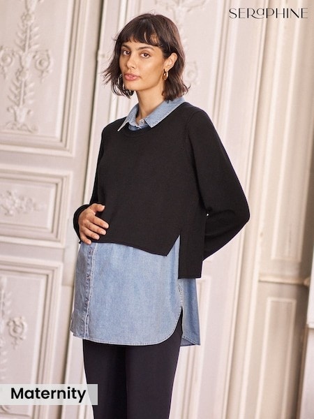 Black - Seraphine Maternity Denim Shirt With Crew Neck Jumper