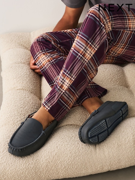 Navy - Regular Faux Fur Lined Moccasin Slippers