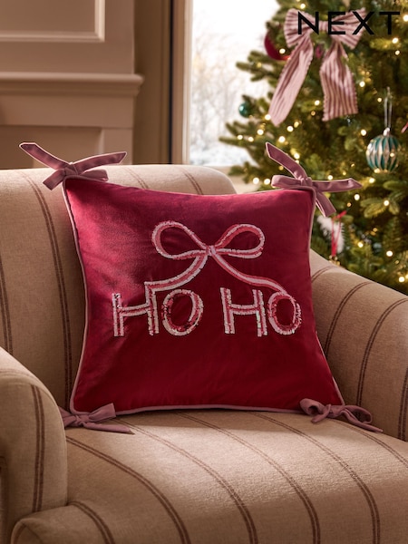 Christmas Bow Ho Ho Slogan Cushion