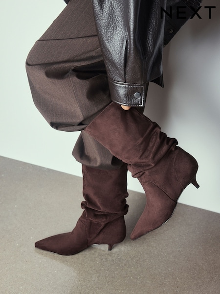 Chocolate Brown - Forever Comfort® Slouch Pointed Toe Kitten Heel Boots