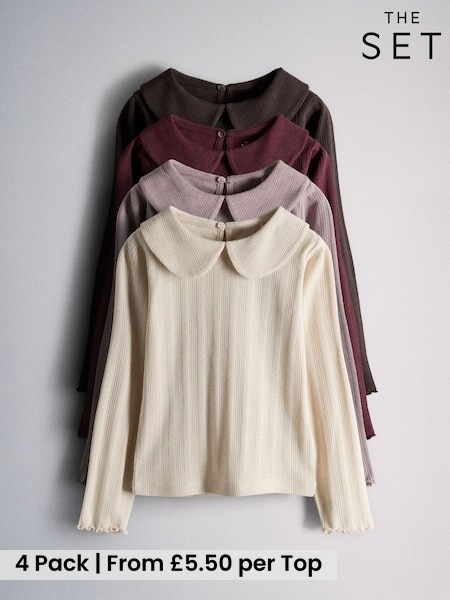 Cream/Purple/Red - The Set 4 Pack Long Sleeve Collared Pointelle Tops