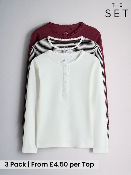 Burgundy Red/Cream/Chocolate Brown Stripe - The Set Long Sleeve Lace Trim Rib Jersey Henley T-shirts