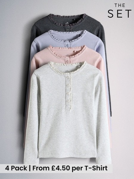 Pink/Blue/Grey Marl/Grey - The Set Long Sleeve Lace Trim Rib Jersey Henley T-shirts