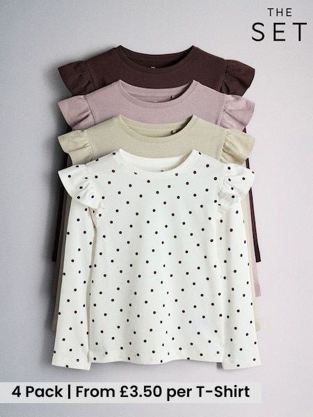 Chocolate Brown/Spot/Purple/Green - The Set 4 Pack Long Sleeve Frill Shoulder Jersey T-shirts