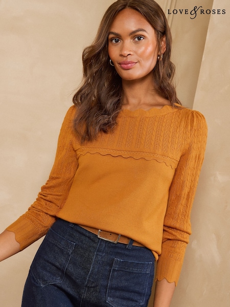 Ochre Yellow - Love & Roses Scalloped Boat Neck Long Sleeve Knitted Jumper