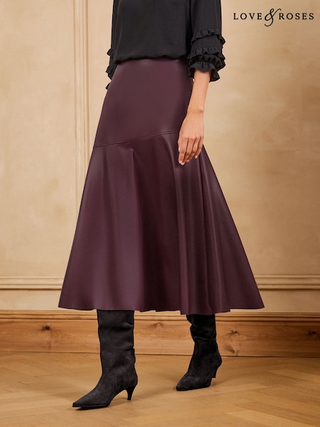 Berry Red - Love & Roses Faux Leather Asymmetric Full Hem Midi Skirt