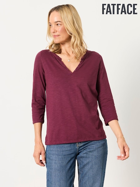 Dark Purple - Fatface 3/4 Sleeve V-neck T-shirt
