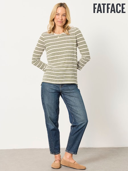 Green - Fatface Textured Stripe 3/4 Sleeve T-shirt