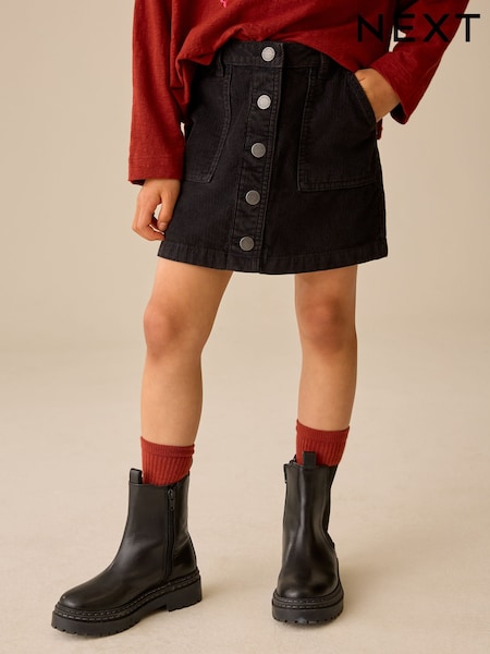 Black Cord - Button Front Detail Skirt (3-16yrs)
