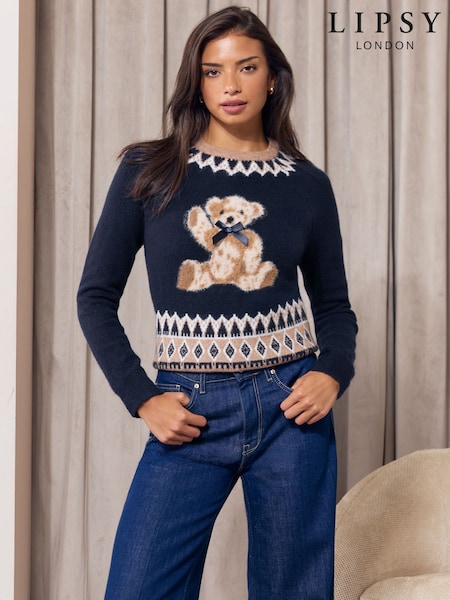 Navy - Lipsy Bear Crew Neck Knitted Family Matching Christmas Jumper