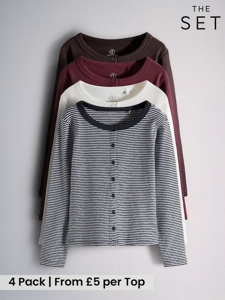 Navy Stripe/Burgundy/Chocolate Brown - The Set 4 Pack Long Sleeve Rib Jersey Button Through Tops