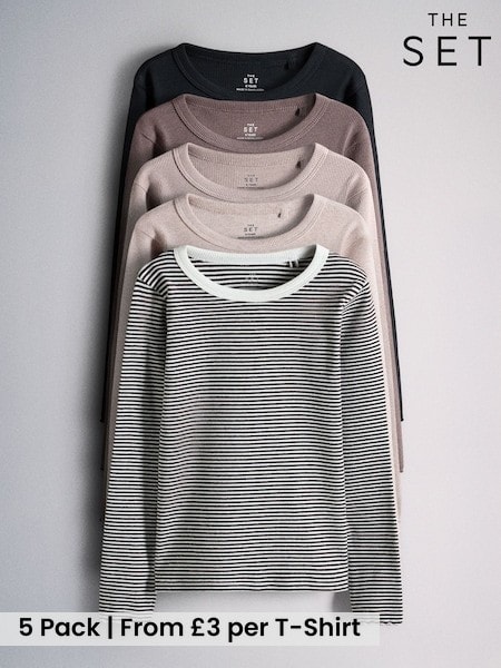 Cream/Light Brown/Brown/Grey/Black - The Set 5 Pack Rib Jersey T-shirts