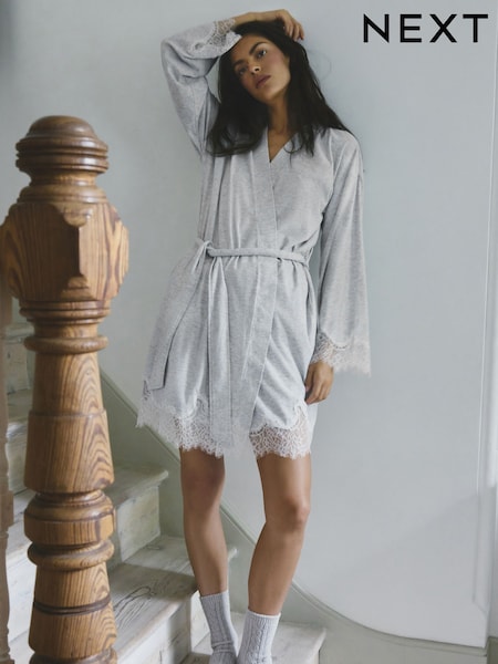 Light Grey - Lace Detail Ribbed Lightweight Dressing Gown