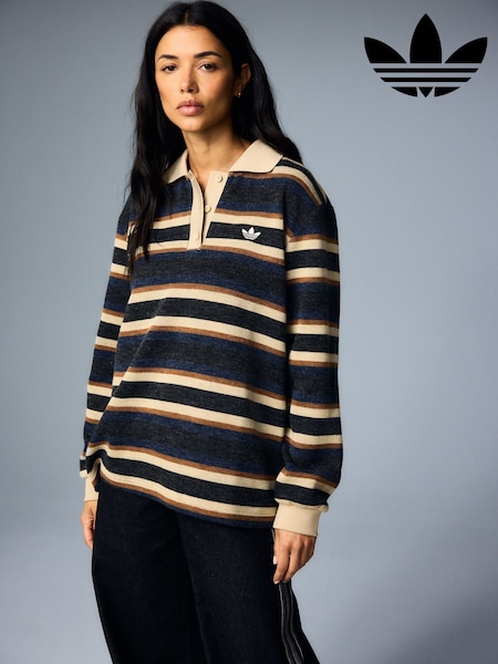 Black/Cream - Adidas Originals Stripe Knitted Polo Top