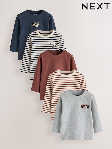 Navy Stripe Transport - Long Sleeve T-shirts 5 Pack (3mths-7yrs)