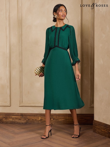 Forest Green - Love & Roses Lace Trim Collared Midi Tea Dress