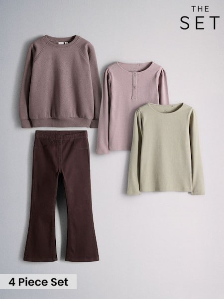 Purple/Chocolate Brown/Light Green/Lilac - The Set 4 Piece Crew Neck Puff Sleeve Long Sleeve Rib Kickflare T-shirt, Sweatshirt And Jeans Set