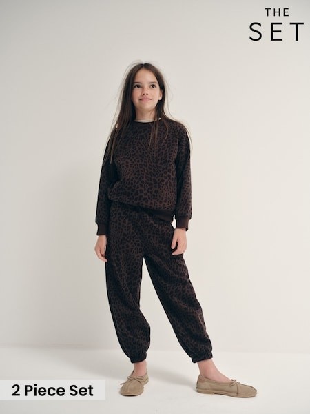 Chocolate Brown Animal Print - The Set Heavyweight Crew Neck Jersey And Cuffed Joggers Co-ord Set