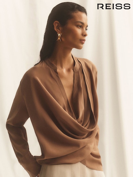 Camel - Reiss Lauren Matte Silk Draped Shirt