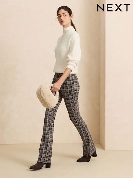 Chocolate Brown Check Print - Jersey Bootcut Leggings