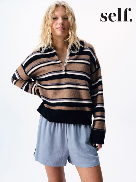 Camel Stripe - Self. Knitted Rugby Jumper With Wool