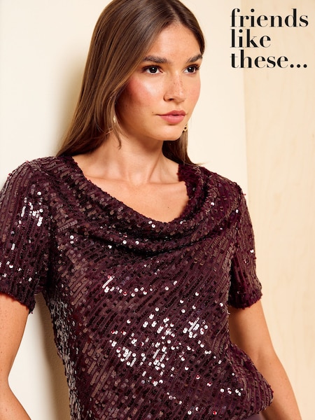Red - Friends Like These Short Sleeve Cowl Neck Sequin Blouse
