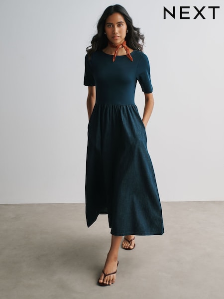 Rinse Wash - Short Sleeve Jersey Mix Denim Dress