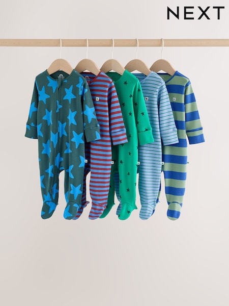 Blue/Green - Two Way Zip Baby Sleepsuits 5 Pack (0-2yrs)