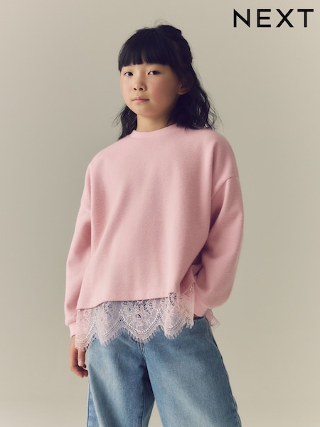 Pink - Cosy Rib Lace Hem Sweatshirt (3-16yrs)