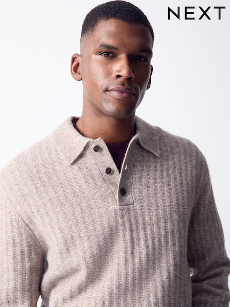 Neutral - Regular Cosy Knit Polo Shirt With Wool