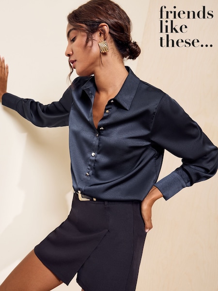 Navy - Friends Like These Satin Button Through Shirt
