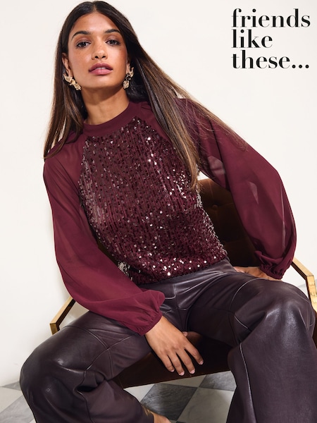 Burgundy Red - Friends Like These Chiffon Sleeve Sequin Blouse