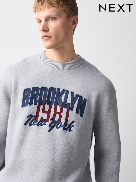 Grey Brooklyn - Regular Graphic Knitted Crew Neck Jumper
