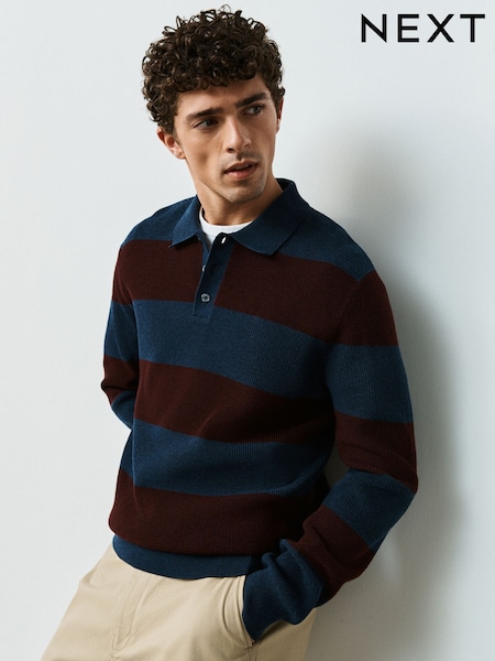 Navy/Burgundy Stripe - Regular Ribbed Knitted Rugby Polo Shirt