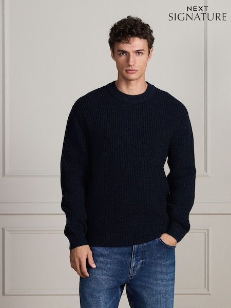 Navy Blue - Regular Signature Lambswool Rib Crew Neck Jumper