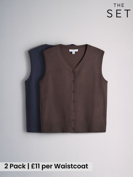 Navy Blue/Chocolate Brown - The Set 2 Pack Fine Knit V-neck Waistcoat