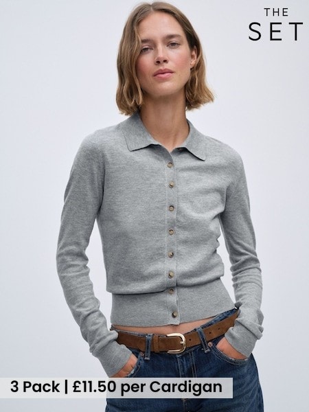 Mid Grey Marl/Blue/Black - The Set 3 Pack Collared Cardigan With Wool