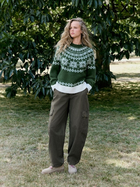 Khaki Green - Mid Rise Utility Barrel Jeans