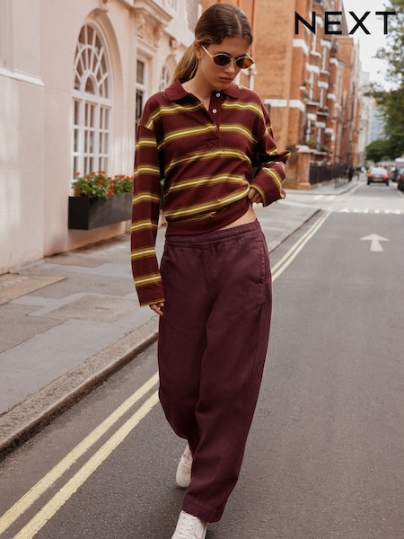 Burgundy Red - Pull On Barrel Leg Jeans