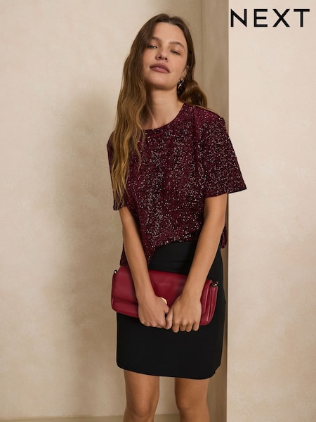 Burgundy Red - Short Sleeved Sequin Top