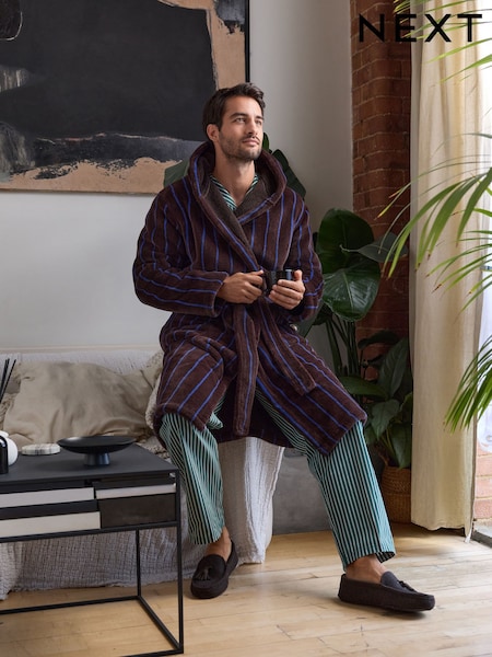 Brown/Blue - Regular Striped Borg Dressing Gown
