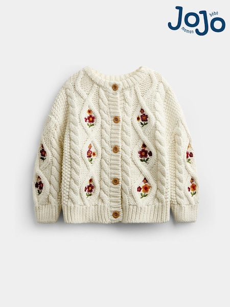Cream Floral - Jojo Maman Bébé Embroidered Chunky Cable Knit Cardigan