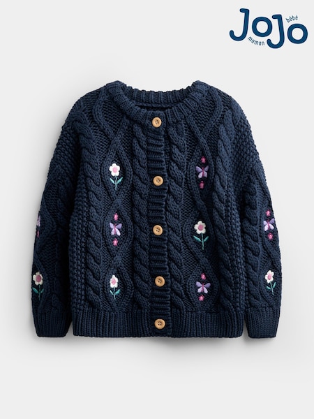Blue - Jojo Maman Bébé Embroidered Cable Knit Cardigan